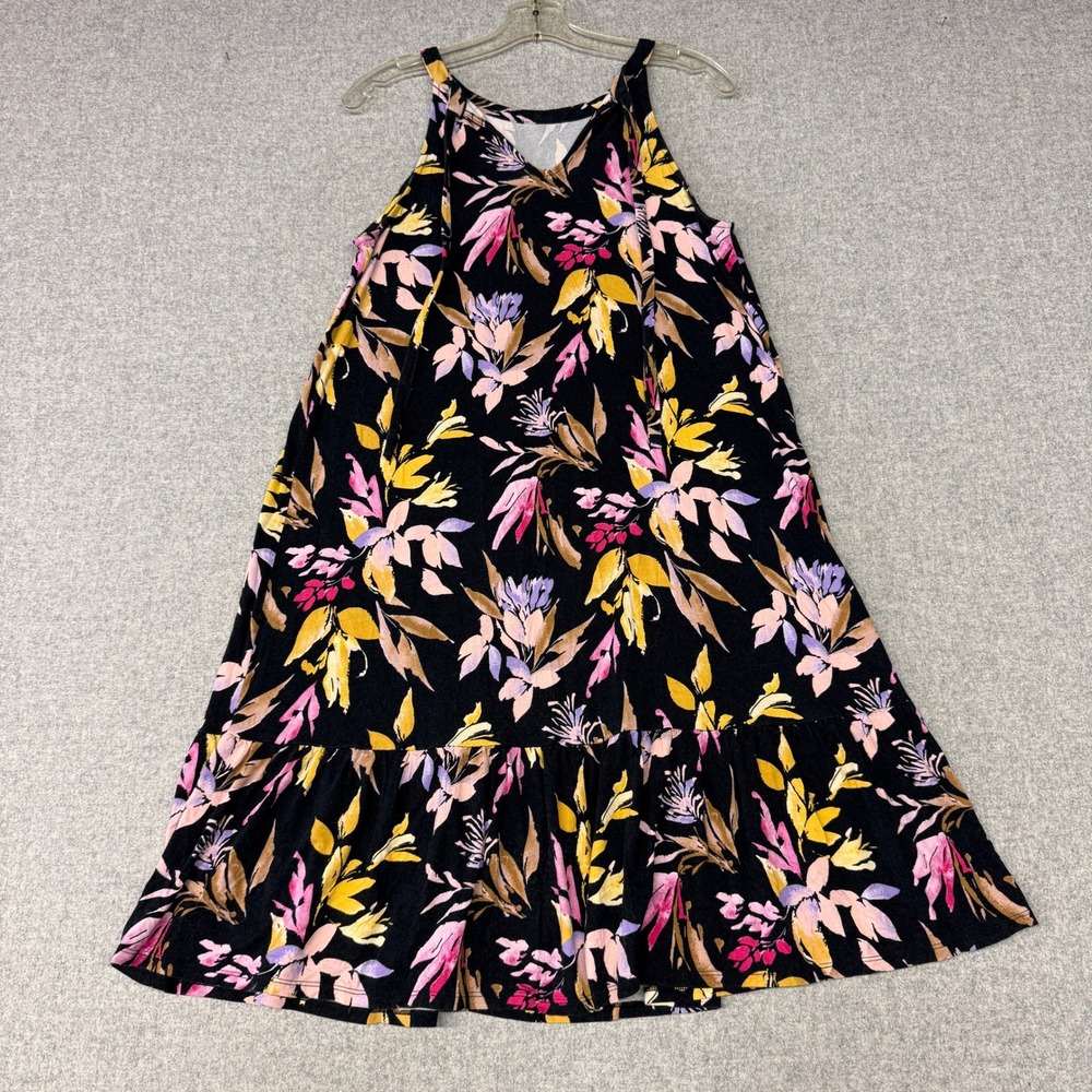 Time and Tru Floral Halter Ruffle Hem Dress Large 12-14 Black Pink Yellow Midi